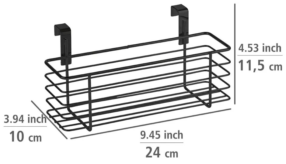 Czarny metalowy koszyk wiszący na drzwiczki kuchenne Wenko Slim, 24x10 cm