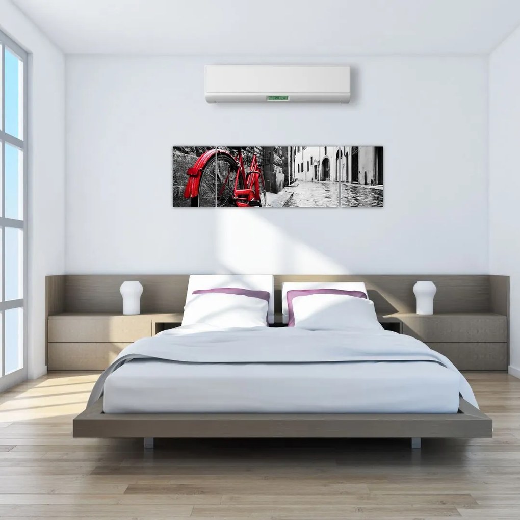 Obraz czerwonego roweru na brukowanej uliczce (170x50 cm)