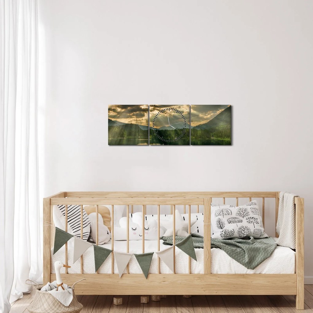Obraz jeziora, przez które prześwieca słońce (z zegarem) (90x30 cm)