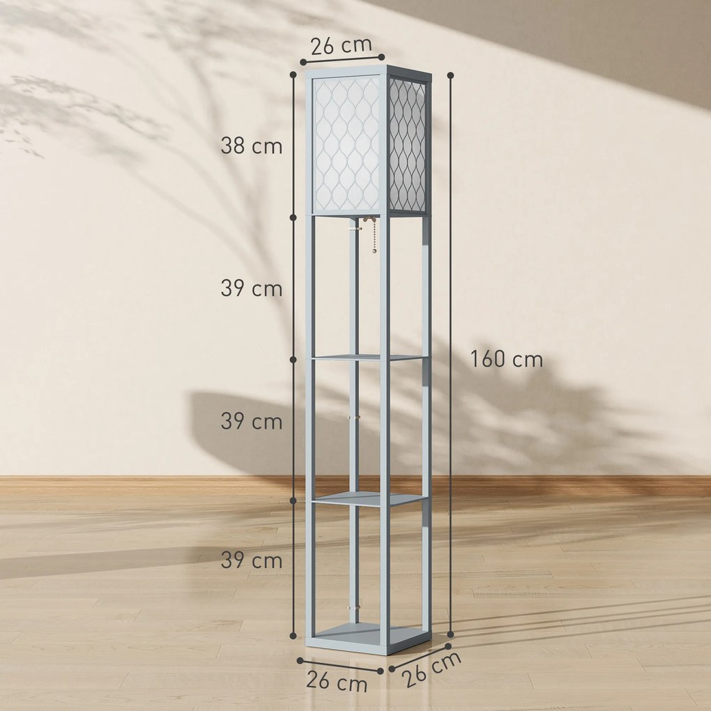 HOMCOM Lampa stojąca z półką, 3 półki, kompaktowe wymiary, MDF, Jasnoszary