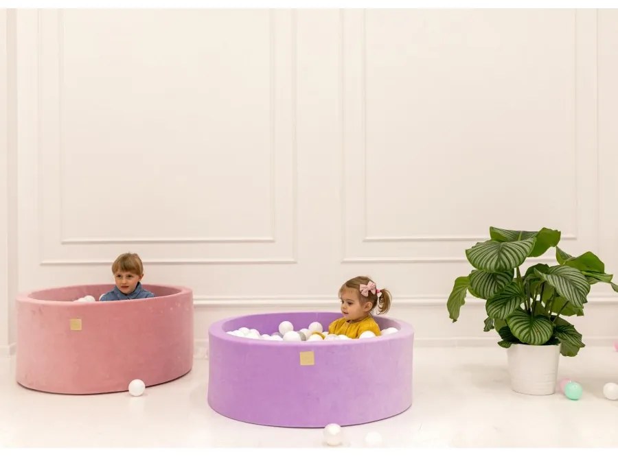 Okrągły suchy basen z piłeczkami 7cm dla dziecka, 90x30cm/200 piłek, welurowy, jasnoróżowy, piłki: biały, transparent - meowbaby®
