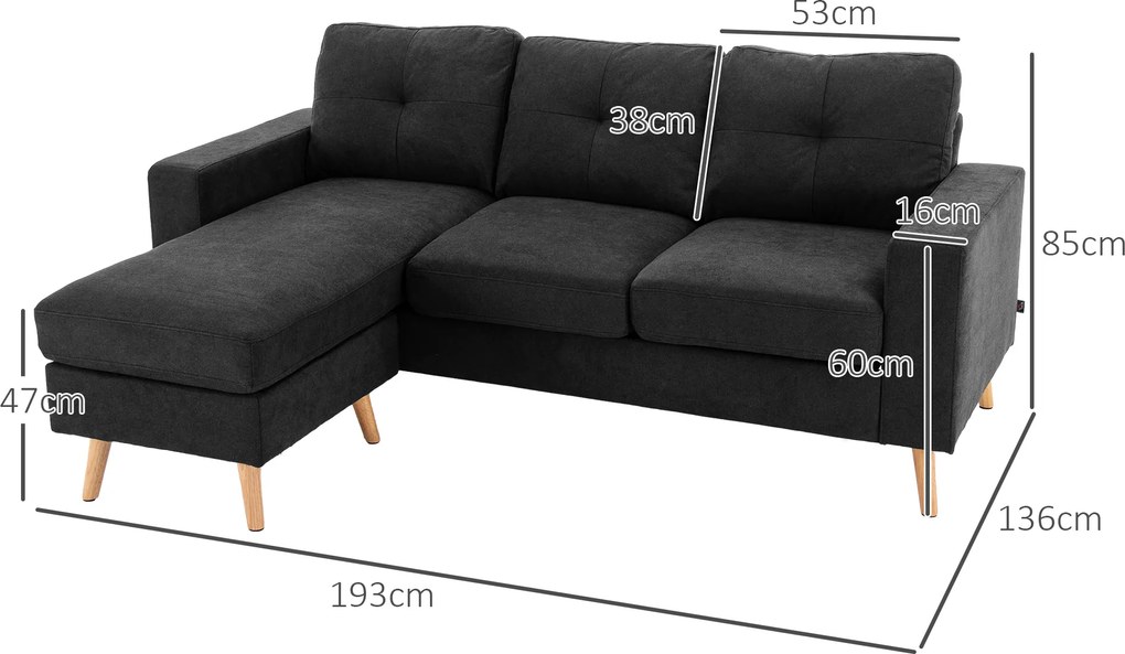 HOMCOM Narożnik L lniany styl Czarna kanapa 3-osobowa Komfortowa i stylowa Tapicerka tkaninowa 193x136x85 cm | Aosom PL