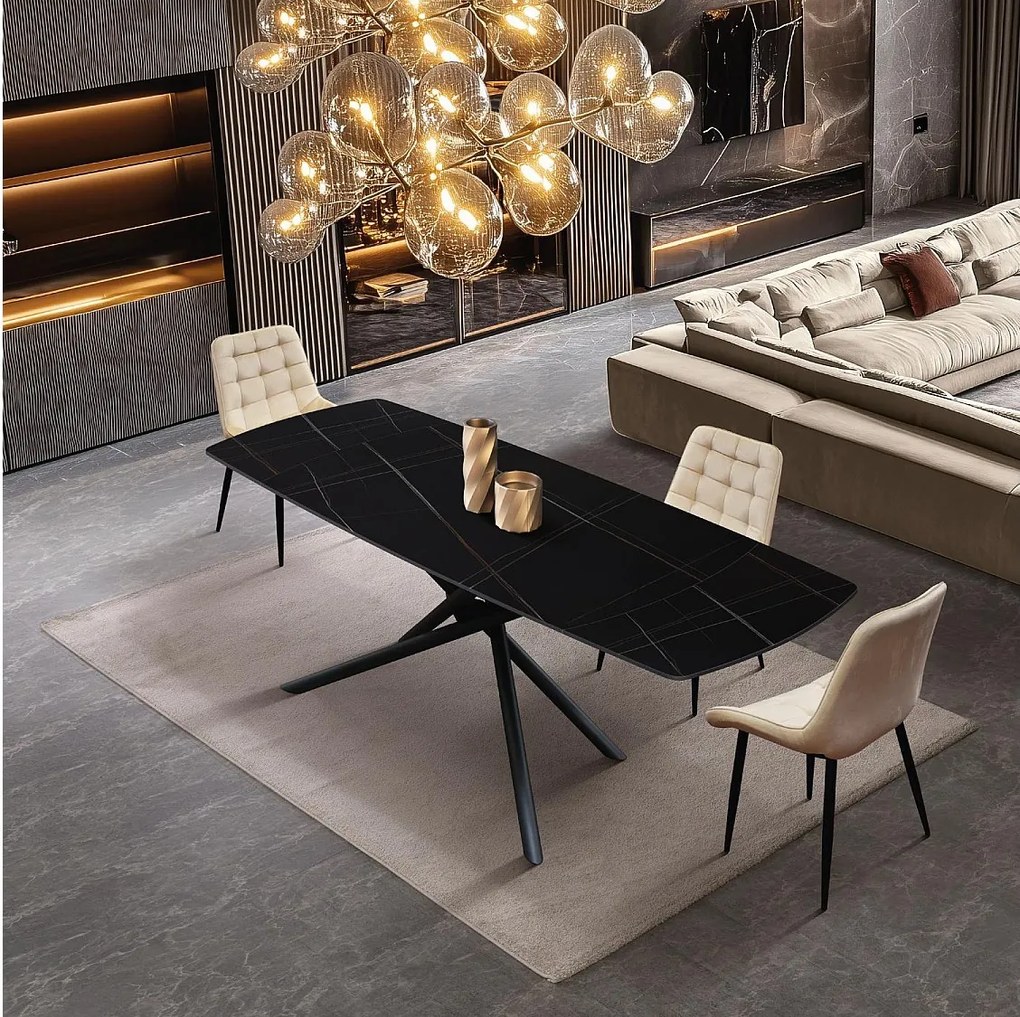 Czarny stół ceramiczny, czarna metalowa podstawa, rozkładany 140x90 - 200x90 cm - BONIFACIO