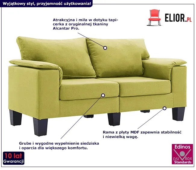 2-osobowa zielona sofa z podłokietnikami - Ekilore 2Q