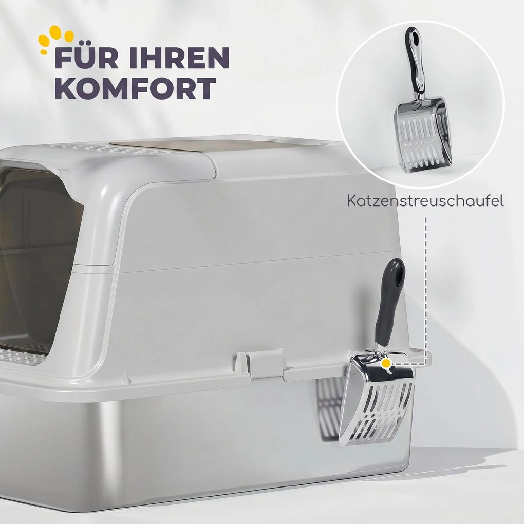PawHut Kuweta dla kota z pokrywą, łopatka do żwirku, wejście z przodu i wyjście u góry, stal nierdzewna, do 8 kg | Aosom PL