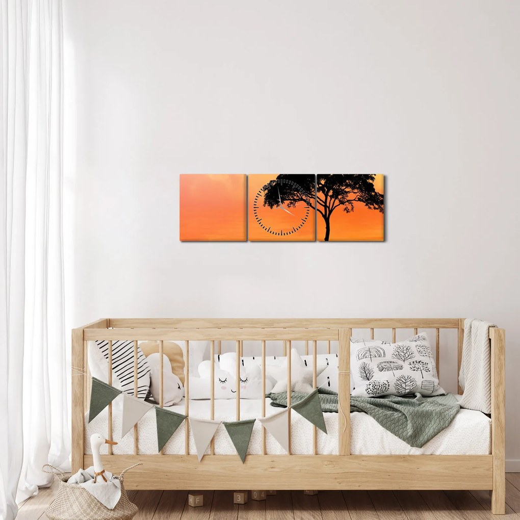 Obraz drzewa o zachodzie słońca (z zegarem) (90x30 cm)