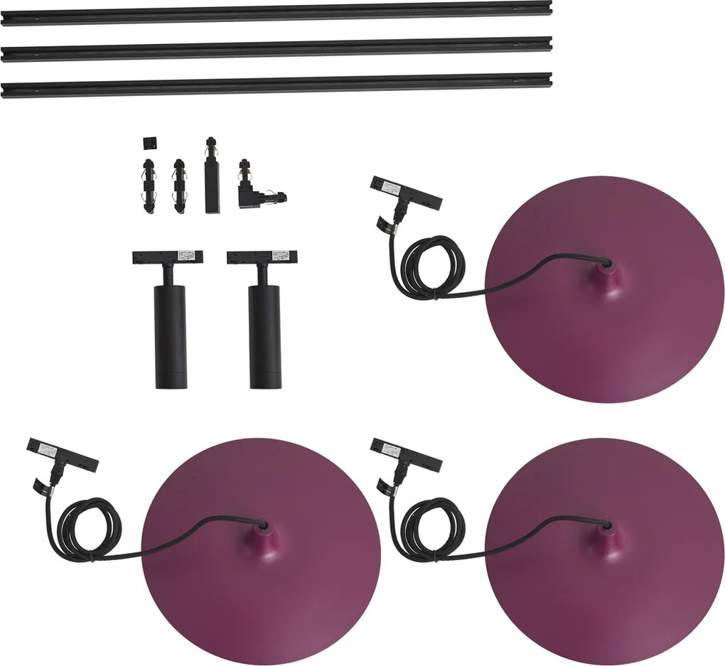 Nowoczesny system szynowy czarny z 2 reflektorami i 3 lampami wiszącymi fioletowymi 1-fazowy - Slimline Uzzy Panzi