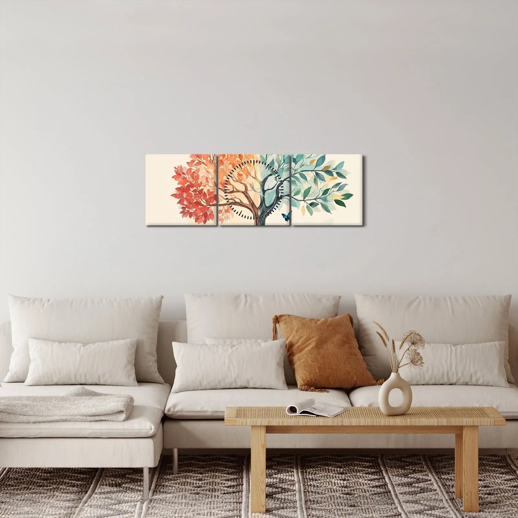Obraz – Podwójne drzewo z motylem (z zegarem) (90x30 cm)