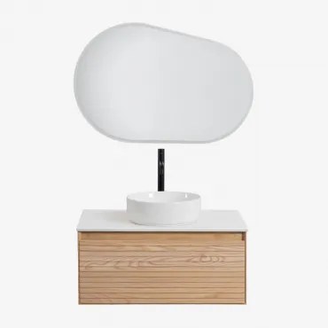 Zestaw Wiszących Mebli Łazienkowych Z Drewna Jesionowego Tedrik Popielaty Brąz & Okrągły Ceramiczny Biały Ø40 - Sklum