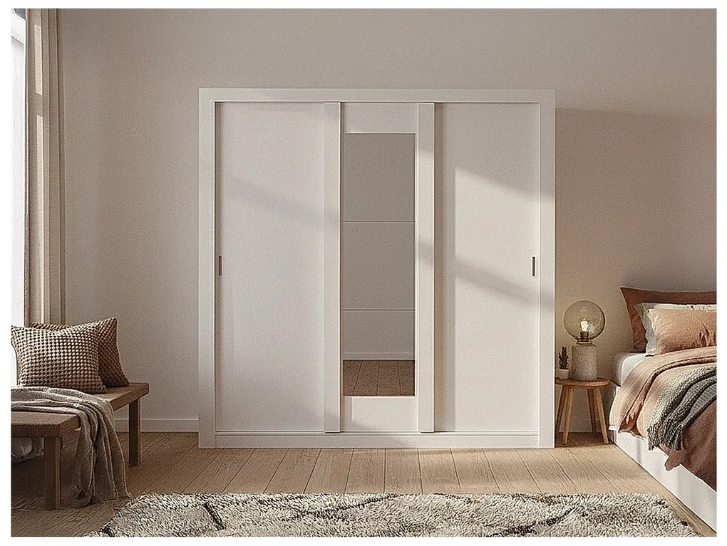 Szafa z lustrem ROXANE – 3 pary drzwi przesuwanych – Długość 220 cm – Kolor biały