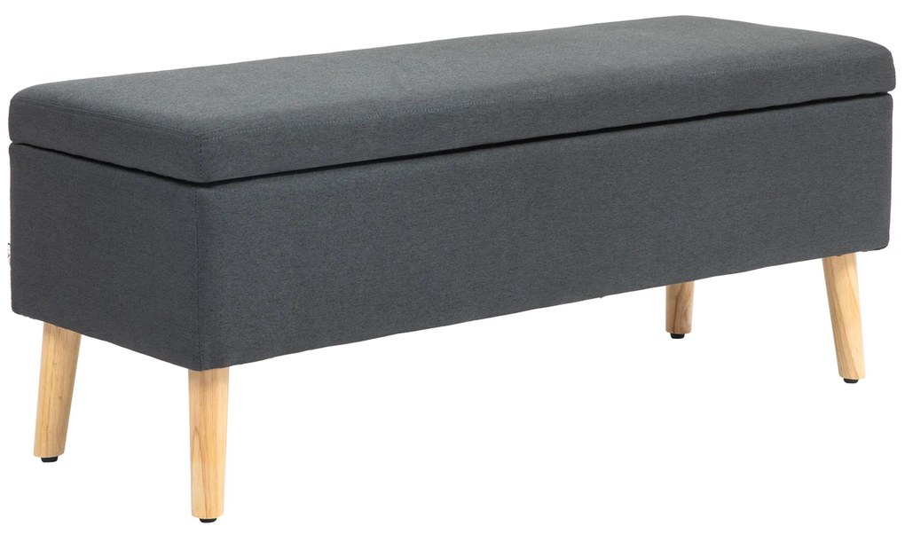 HOMCOM Ławka Tapicerowana z Schowkiem, Siedzisko Bankowe w Wyglądzie Lnu, Drewno Kauczukowe, 110 x 39 x 45 cm, Ciemnoszare