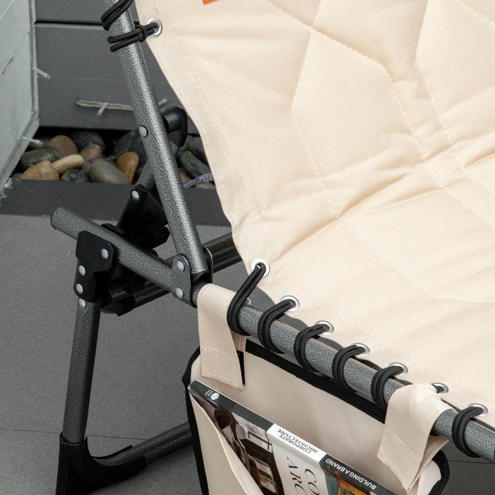 Leżanka składana Outsunny, ogrodowa z poduszką, z regulowanym oparciem na 5 pozycji, z tkaniny Oxford, 188 x 57 x 30 cm, Beżowa