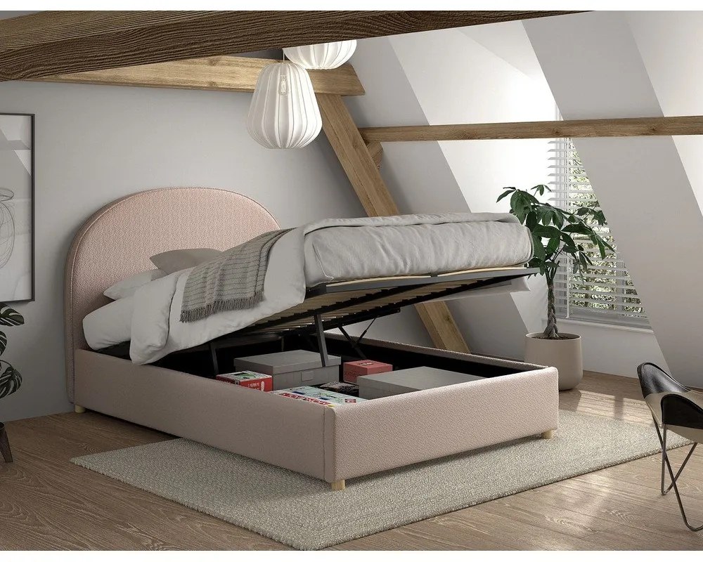Różowe tapicerowane łóżko dwuosobowe ze schowkiem i stelażem 140x200 cm Moon – Vipack