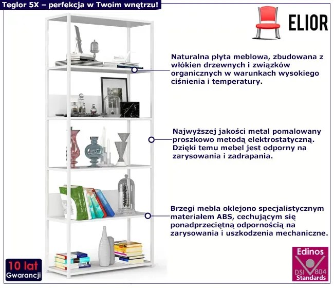 Biały szeroki regał z metalowym stelażem - Shira 5X