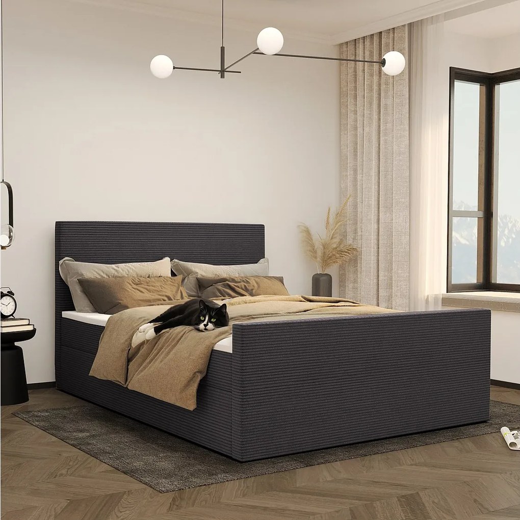 Łóżko kontynentalne z pojemnikiem i topperem VIESTA, tkanina Poso, Ciemnoszary, 200x200 cm, H2-Pocket