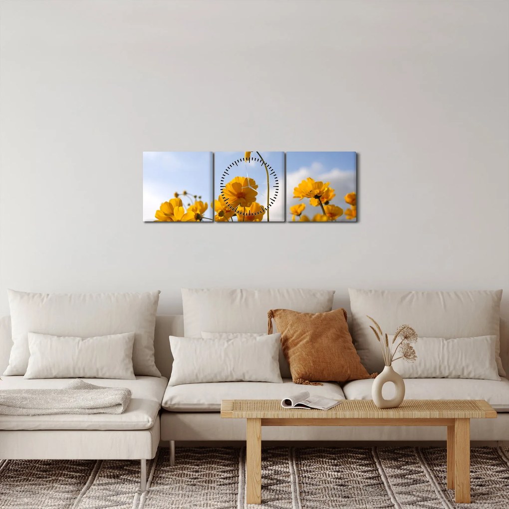 Obraz pola z jasnożółtymi kwiatami (z zegarem) (90x30 cm)