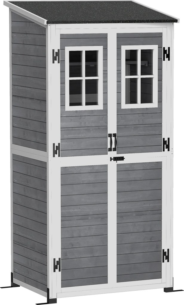 Outsunny Drewniany domek na narzędzia ogrodowe z 2 oknami, kotwami do gruntu, dachem z asfaltu, 91 x 69 x 192 cm, Sosna, Jasnoszary