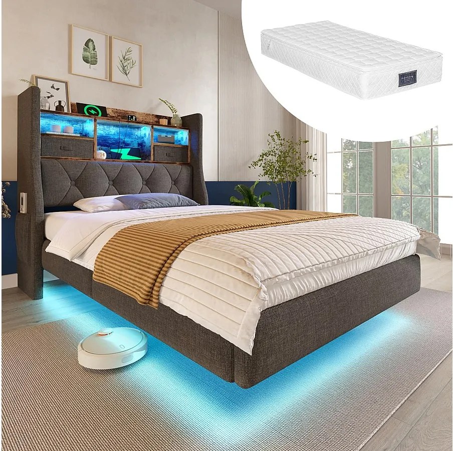 Nowoczesne łóżko tapicerowane - 90 x 200 cm - z diodami LED + stacja ładowania + zagłówek ze schowkiem - len - szare (z materacem)