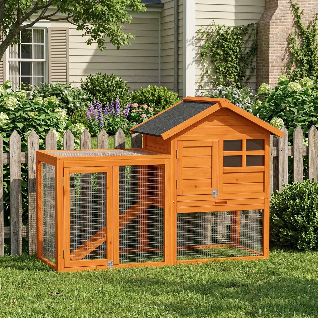 PawHut Domek dla królików 2 poziomy, drewniany domek z wodoodpornym dachem asfaltowym, wybieg, rampa, drzwi, 123,5 x 62,6 x 92,5 cm, pomarańczowy | Aosom PL