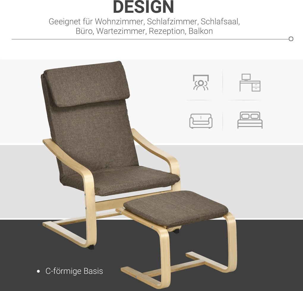 HOMCOM Fotel Relaksacyjny z Podnóżkiem Brązowy Lniany Pokrycie Drewniana Rama Wygodne Siedzisko z Podłokietnikami | Aosom PL