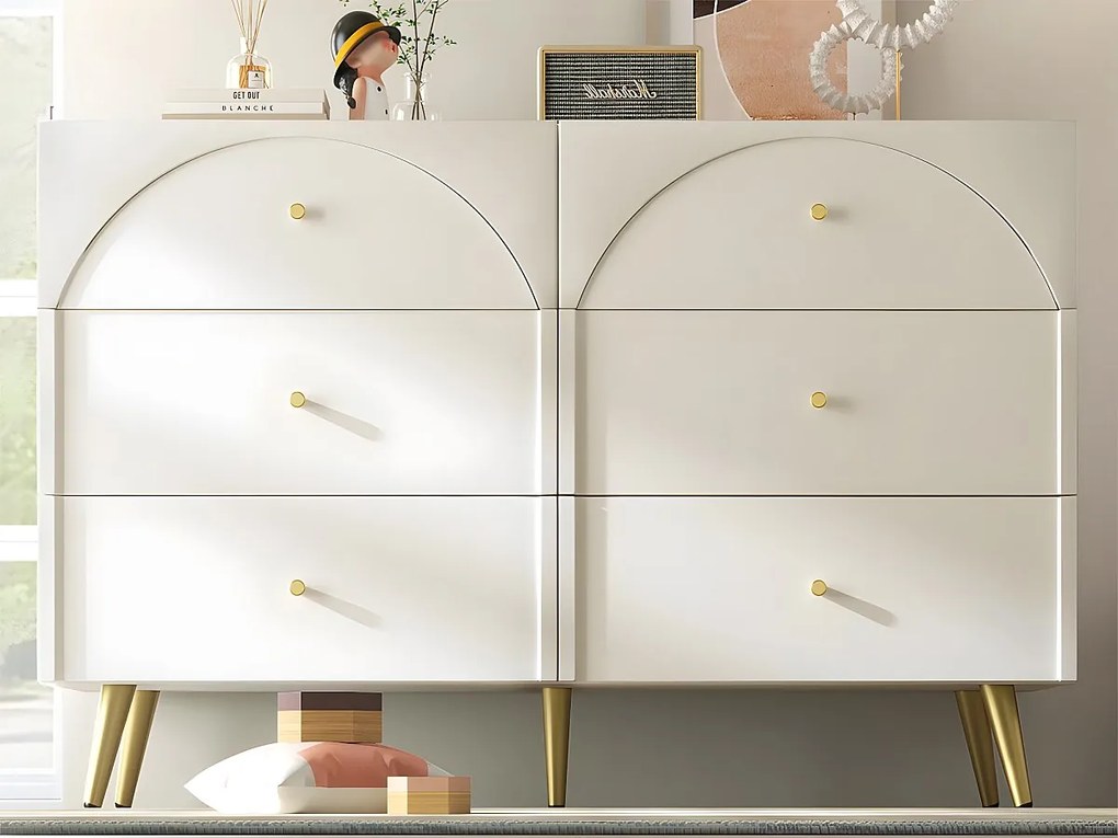 Komoda z 6 szufladami - złote nogi - z płyt wiórowych - Biała