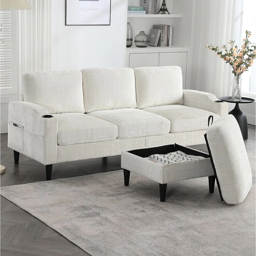 Beżowy narożnik - Sofa z podnóżkiem i schowkiem - szenil - uchwyt na kubek i schowek