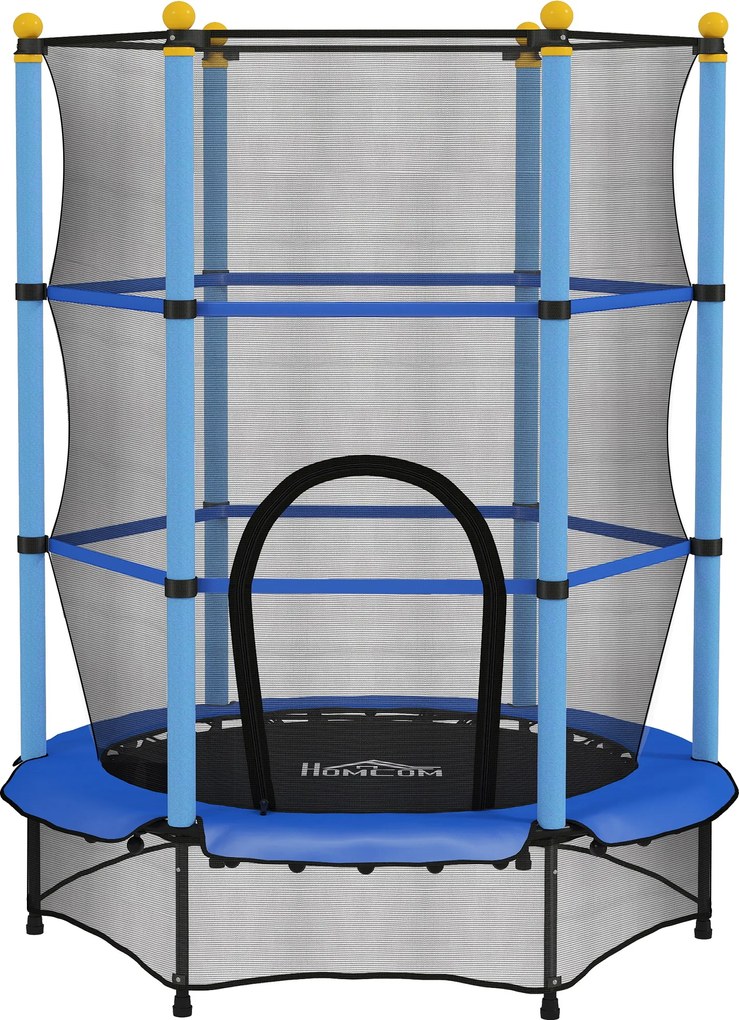 HOMCOM Trampolina dla Dzieci, Ø140 cm, z Siatką Bezpieczeństwa, do Wnętrz i na Zewnątrz, Stal, Plastik, Obciążenie do 50 kg, Niebieska