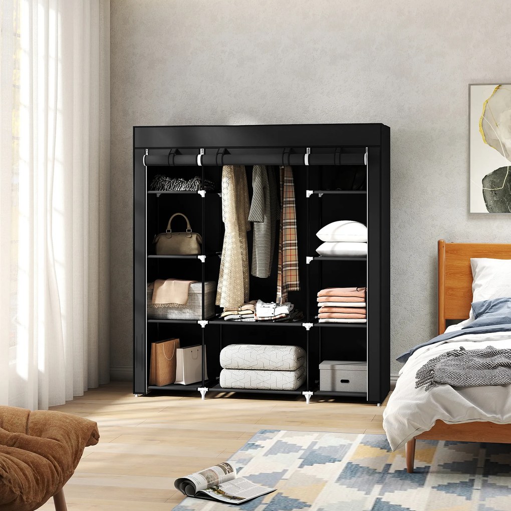 HOMCOM Szafa z włókniny Czarna Składana z 9 półkami i wieszakiem na ubrania 150x43x1625cm | Aosom PL