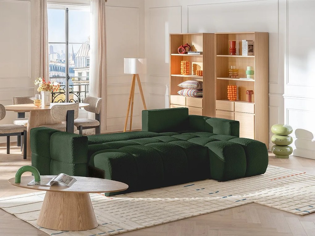 Kanapa narożna dwustronna rozkładan  z zielonej tkaniny z bukli  ISSORO