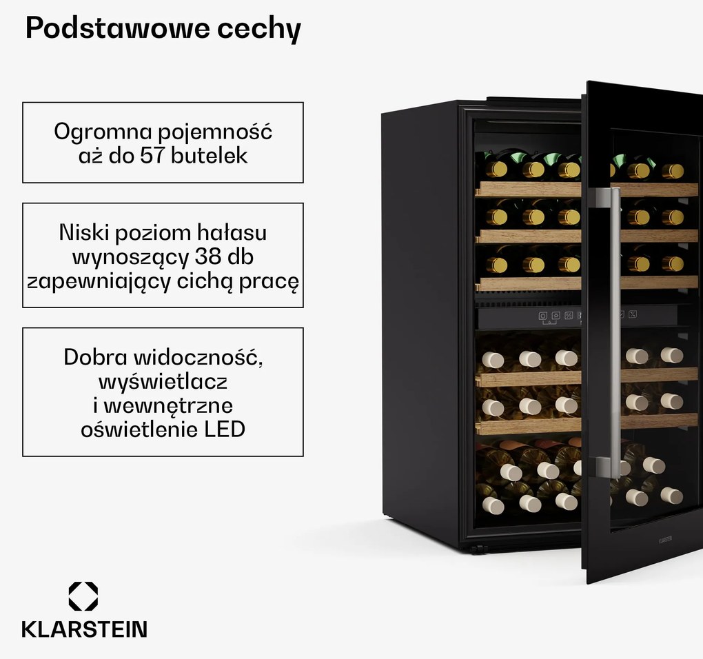 Klarstein Vinsider 60cm 57 Butelek Winiarka do Zabudowy 2 Strefy Czarny
