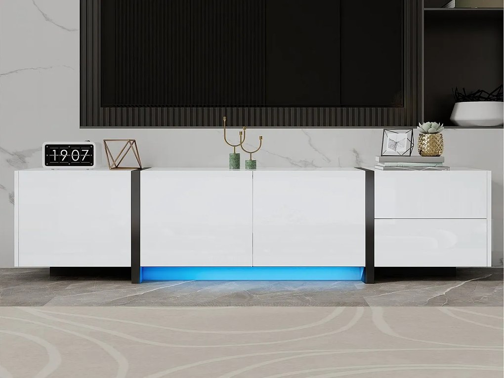 Błyszcząca szafa pod TV 170×30×39 cm - z oświetleniem LED - 3 drzwi i 1 szuflada - Płyta wiórowa - Biały