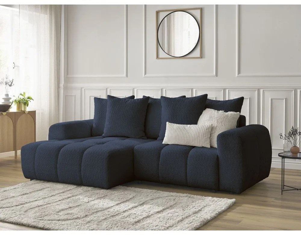 Niebieski rozkładany/ze schowkiem narożnik z materiału bouclé (lewostronny/z szezlongiem) Roxelane – Bobochic Paris