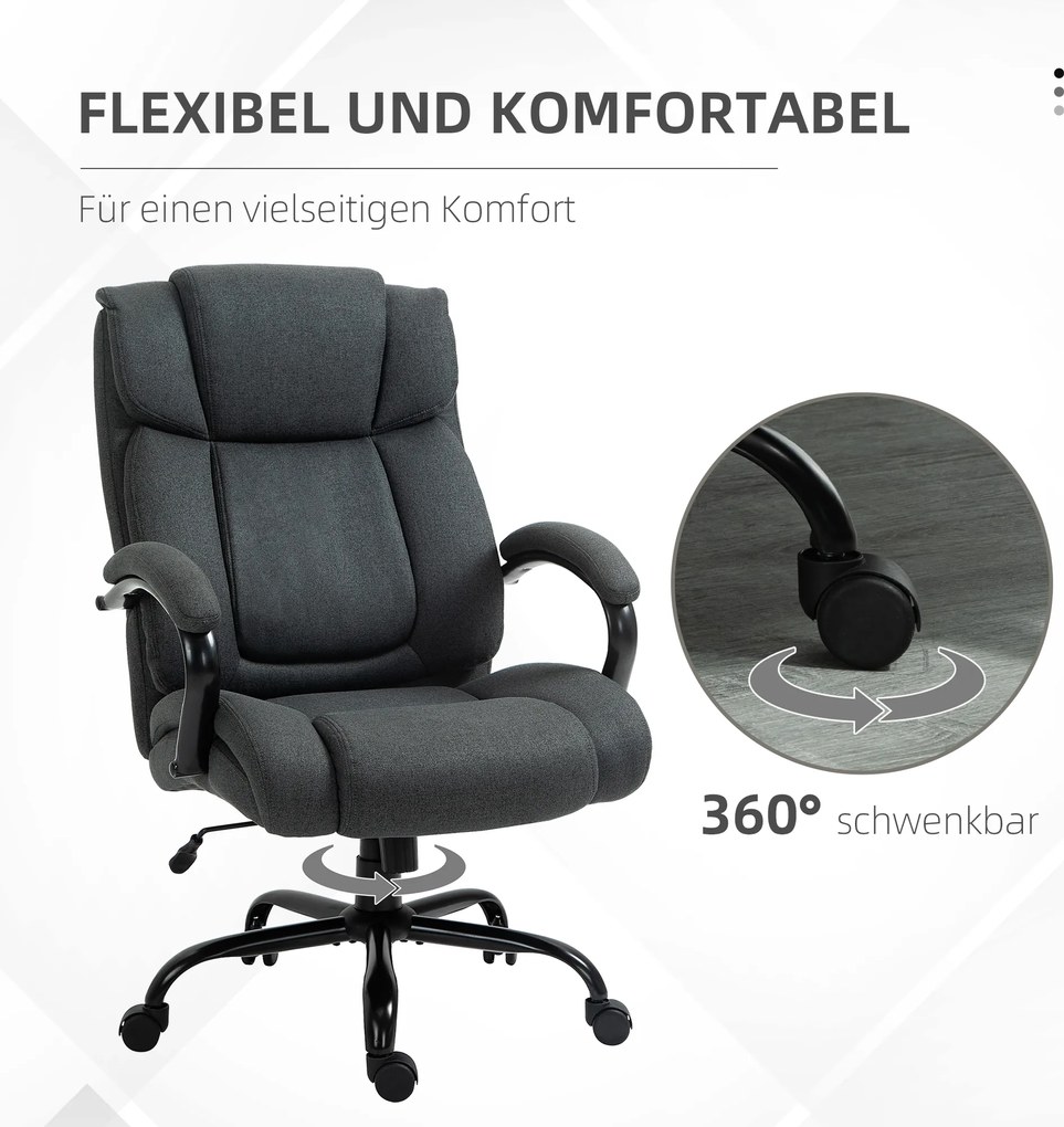 Vinsetto Fotel biurowy, Ergonomiczny fotel biurowy, Fotel obrotowy z wyściełanym podłokietnikiem, do 220 kg, Szary