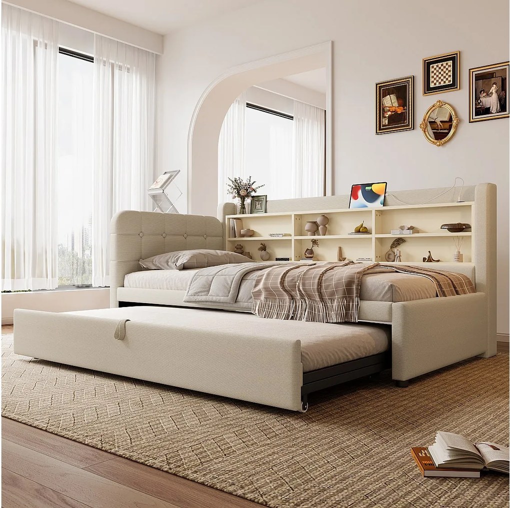 Łóżko wysuwane 90/180 x 200 cm - Łóżko podwójne z podłokietnikami i ładowarką USB - beżowa pościel - materac nie jest wliczony w cenę