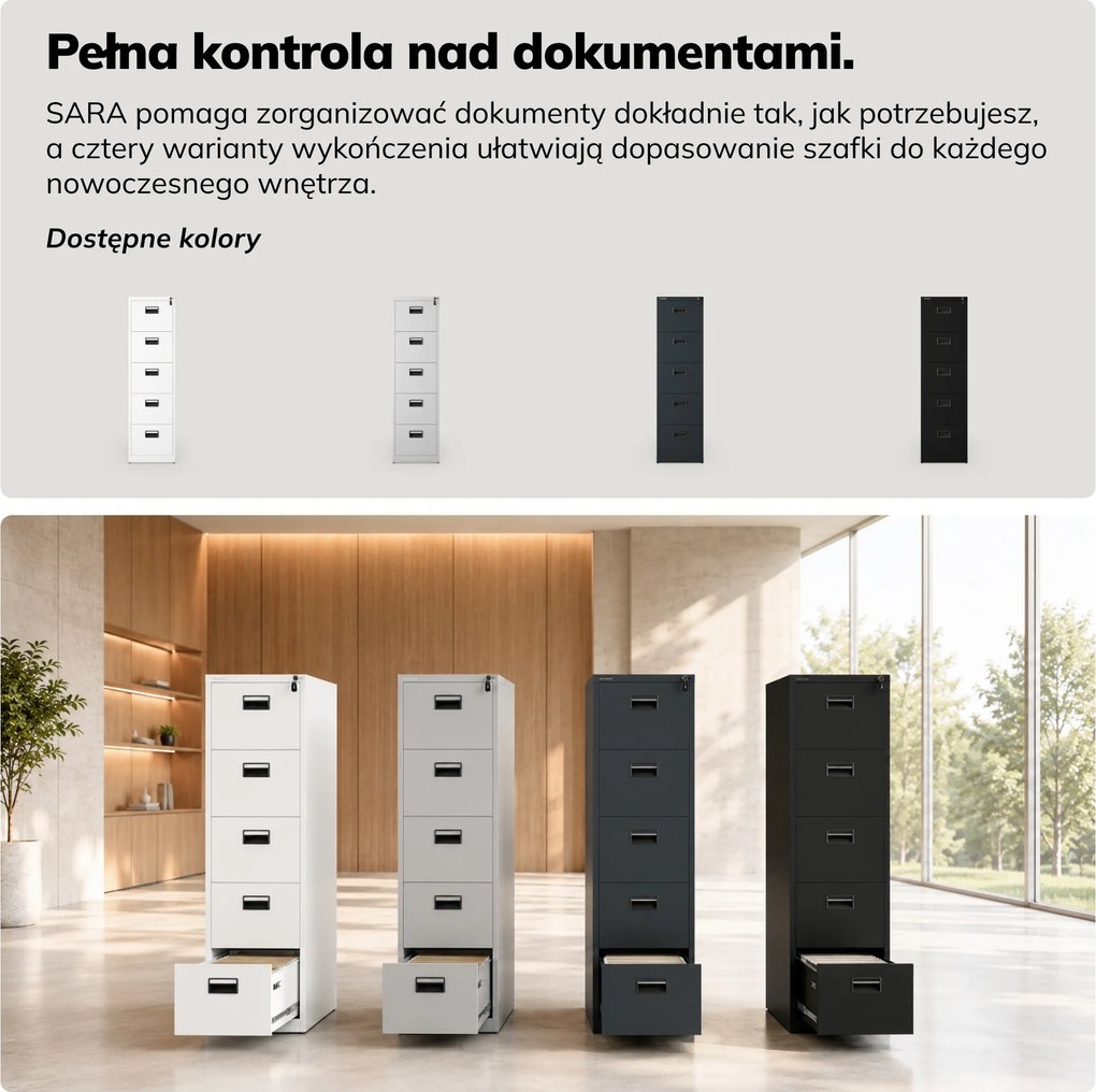 Szafa kartotekowa metalowa z 5 szufladami czarna, 460x1625.5x600 mm: SARA V5