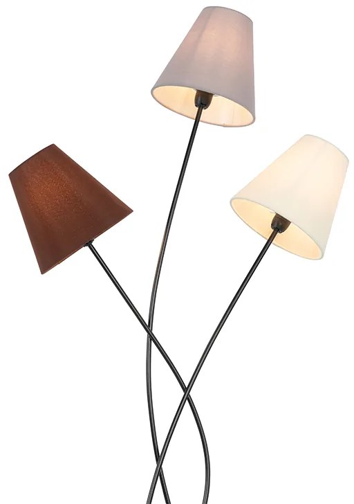Designerska lampa podłogowa czarna z abażurami z tkaniny 3-światłowa - Melis Nowoczesny Oswietlenie wewnetrzne