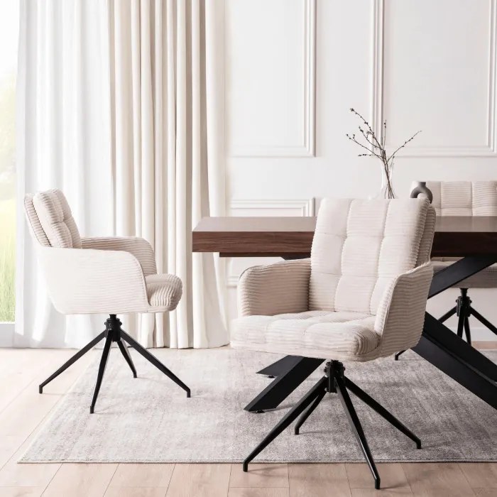 Krzesło Tapicerowane Obrotowe do Salonu AKITA Kremowe Sztruksowe Nowoczesne