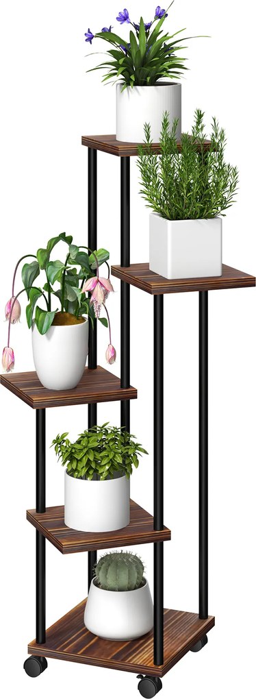 Outsunny Stojak na Kwiaty z 5 Półkami, Pięcioetapowy Stojak na Rośliny, Design Przestawny, Łatwy do Przemieszczenia, Drewno, Stal