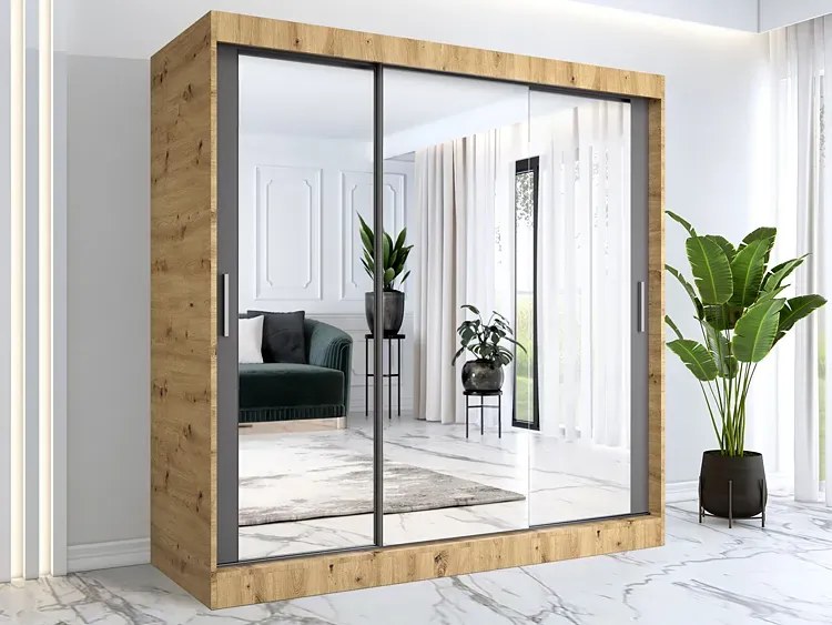 Szafa przesuwna z lustrem dąb artisan + antracyt 200 cm - Kukkin 6X
