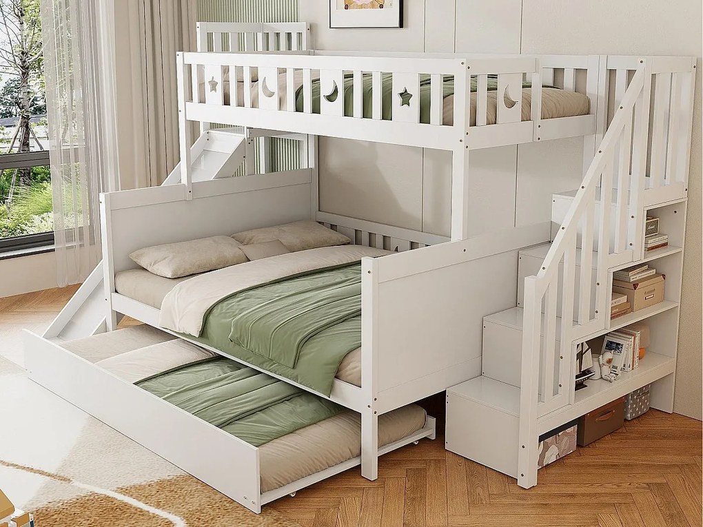 Łóżko piętrowe 90x200 + 140x200 cm - lite drewno - ze zjeżdżalnią, półką i łóżkiem wysuwanym 90x190 cm - Białe