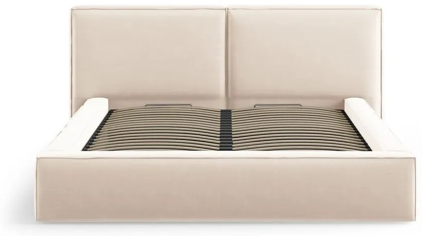 Kremowe aksamitne tapicerowane łóżko dwuosobowe ze schowkiem i stelażem 180x200 cm Arendal – Cosmopolitan Design