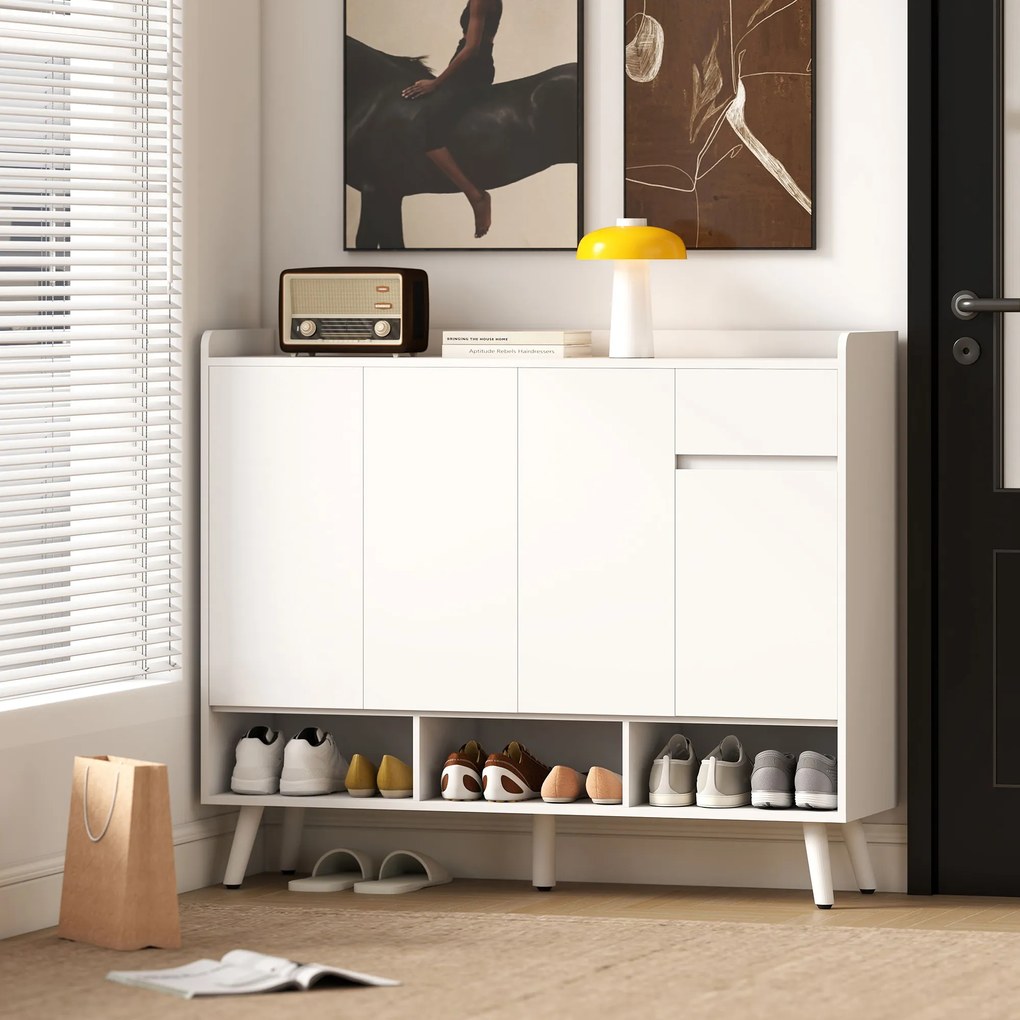 HOMCOM Szafka na buty z bezuchwytowym designem, 4 drzwi, 4 regulowane półki, wolnostojący regał na buty z 5 drewnianymi nogami, drewno, Biały