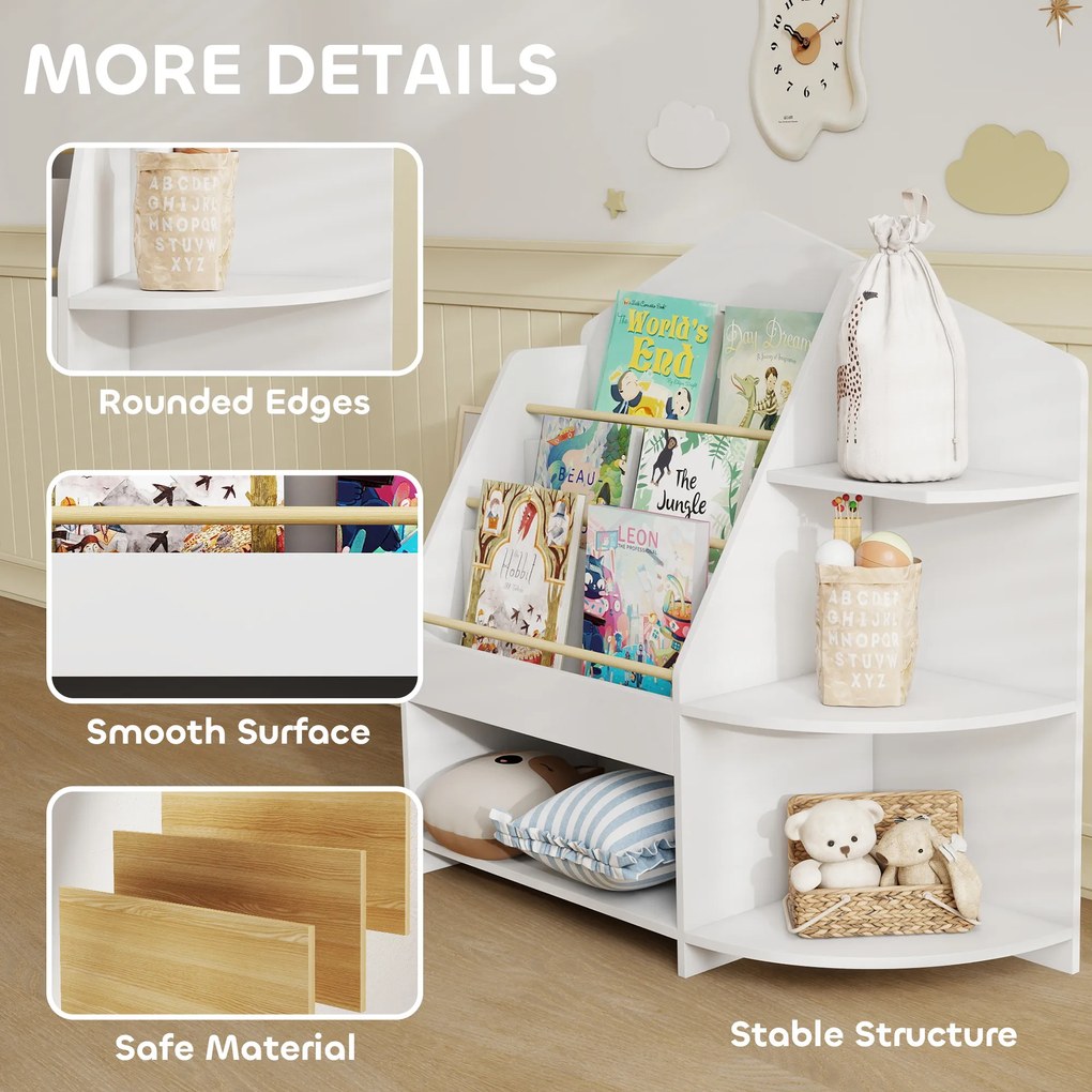 AIYAPLAY Regał dziecięcy z 7 półkami na książki i zabawki, zaokrąglone krawędzie, udźwig 40 kg, Biały