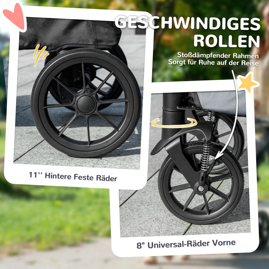 PawHut Wózek dla Psów, Składany Wózek dla Dużych Psów, Wózek dla Zwierząt z 4 Kołami, Smycze Bezpieczeństwa, Hamulce, Szary