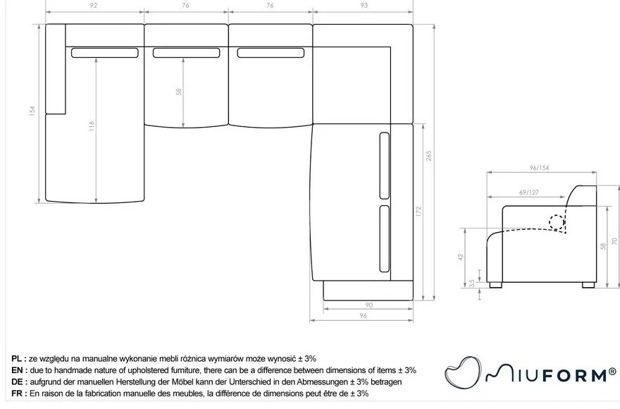 Szary narożnik (prawostronny/w kształcie litery U) Flex Felix – Miuform