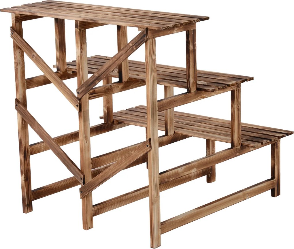 Outsunny regał na rośliny półka na kwiaty regał na kwiaty półka na rośliny stojak na kwiaty 3 stopnie drewno jodłowe kolor ciemnobrązowy 80 x 80 x 80 cm