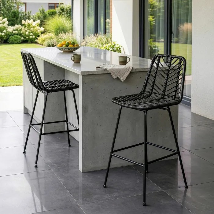 Hoker Rattanowy JERRY Ogrodowy Krzesło Barowe Czarny Boho