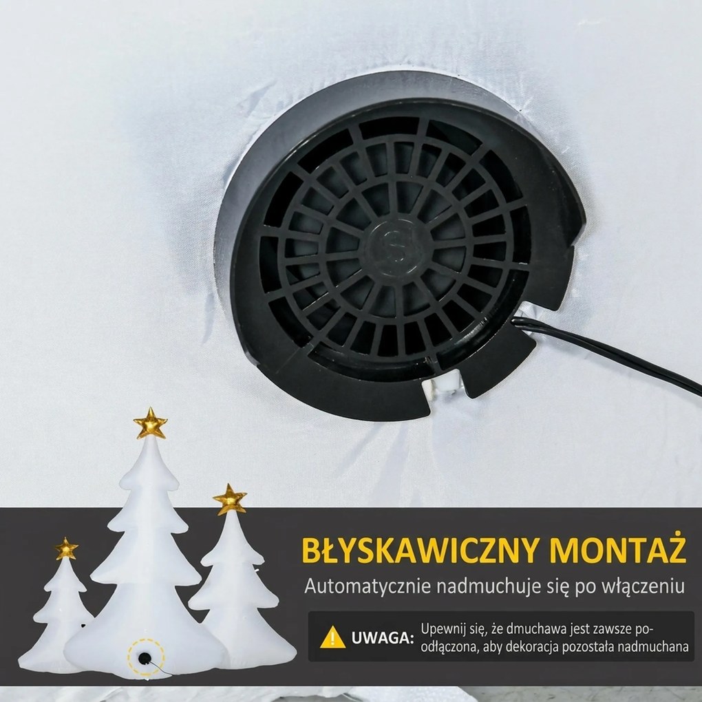 HOMCOM Zestaw 3 nadmuchiwanych choinek świątecznych, w tym wentylator, na zewnątrz i do wnętrz, z zestawem montażowym, Biały+Złoty