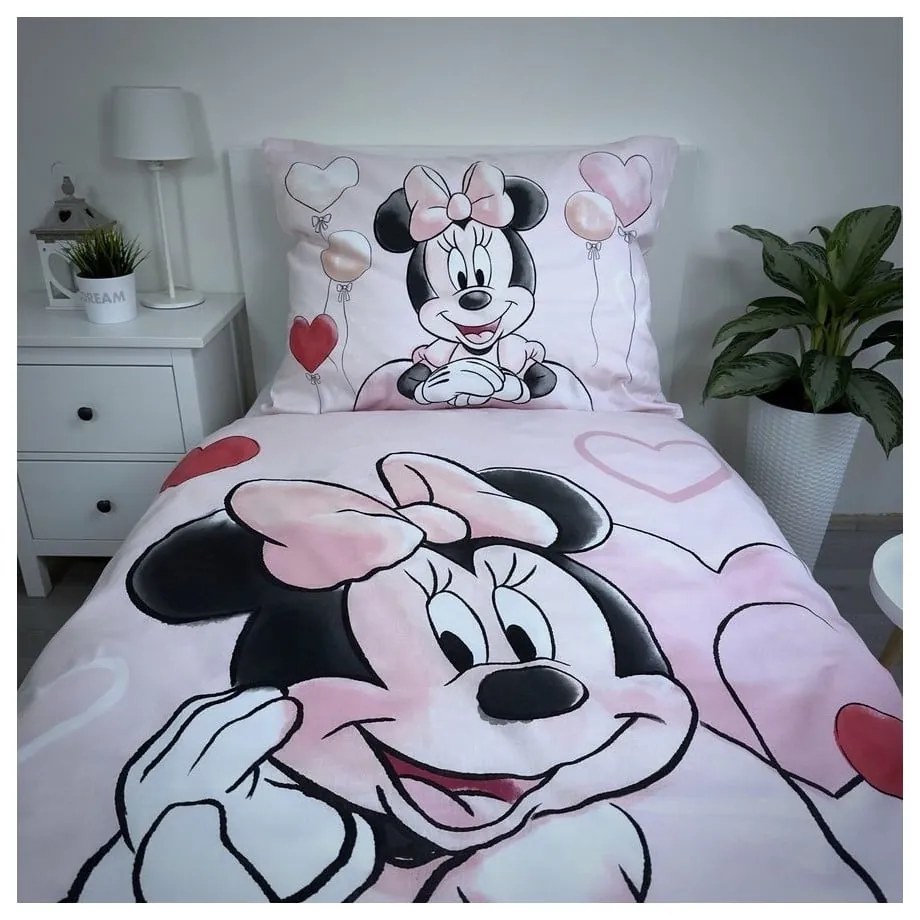 Różowa bawełniana pościel dziecięca jednoosobowa 140x200 cm Minnie "Balloon" – Jerry Fabrics