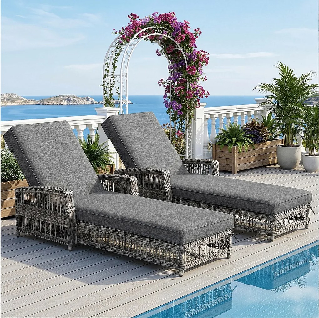 Leżak rattanowy (2 sztuki) - 2 x 192 x 70 x 58 cm - z regulowanym oparciem + zdejmowana poduszka - metal + tworzywo sztuczne - szary